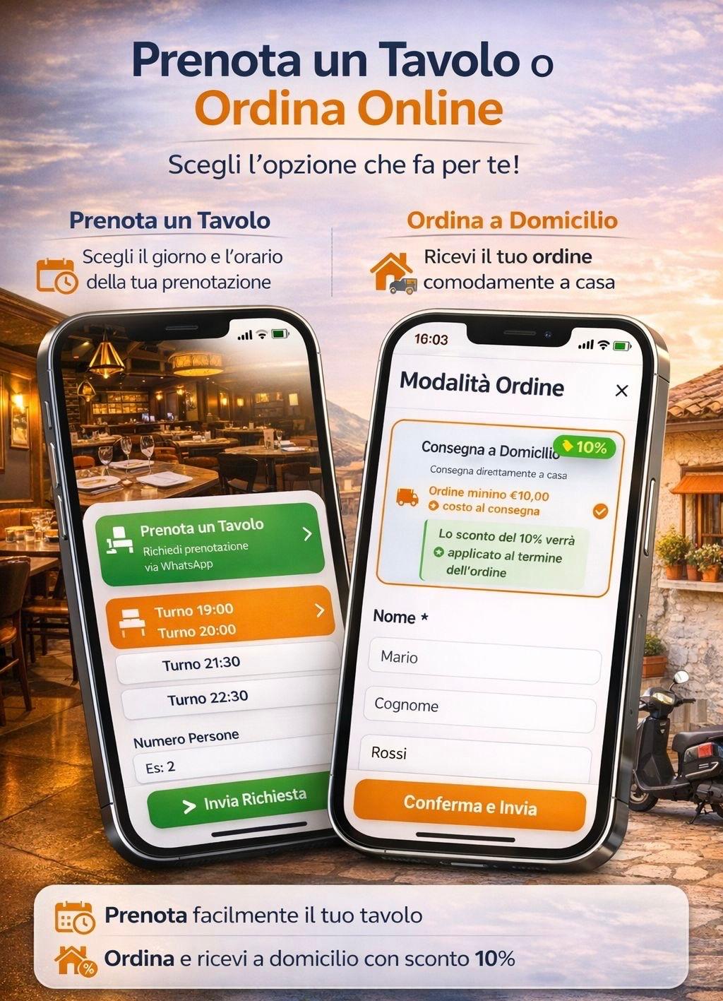 Schermata promozionale con prenotazione tavolo e ordine online