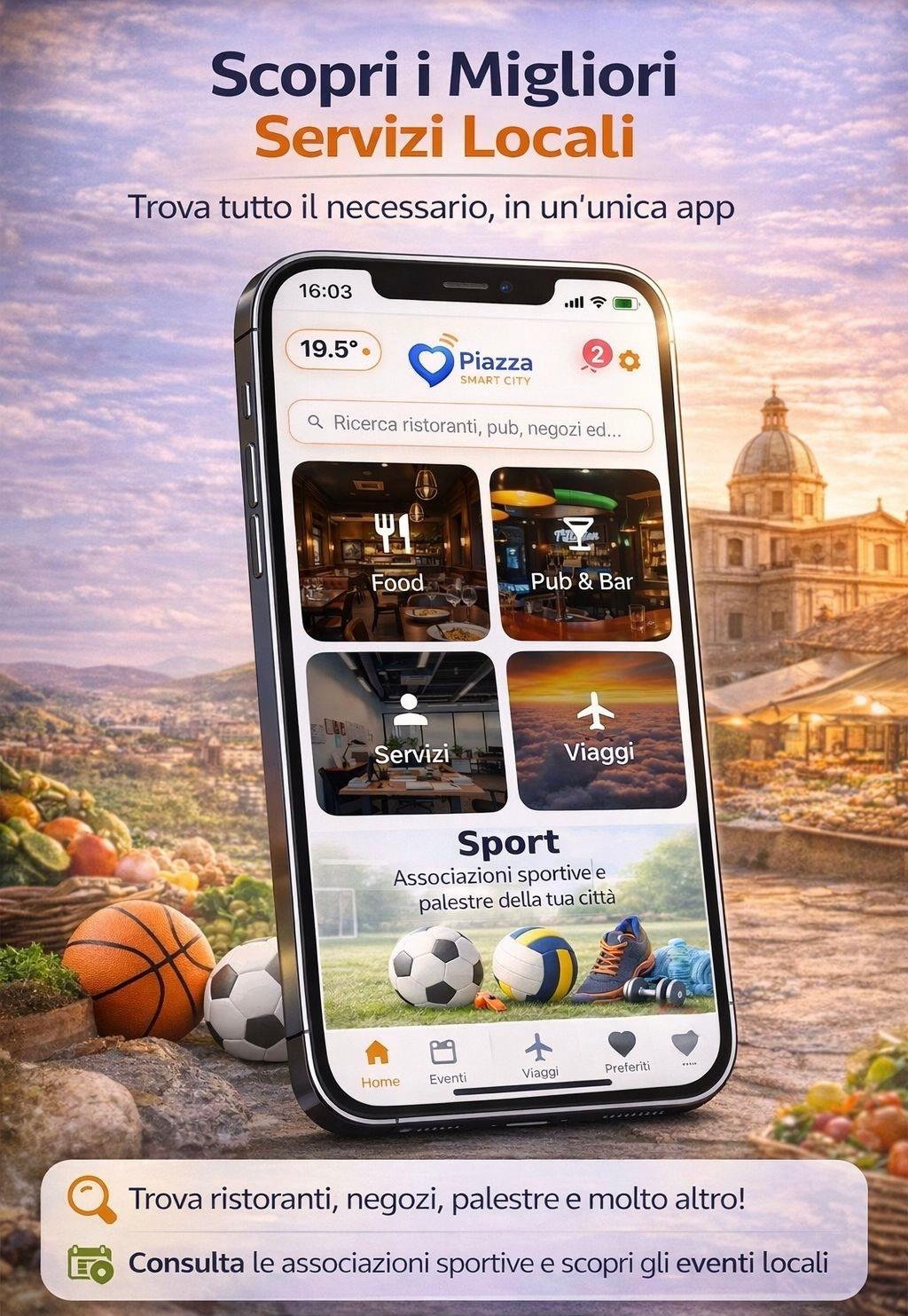 Schermata promozionale con categorie e sport